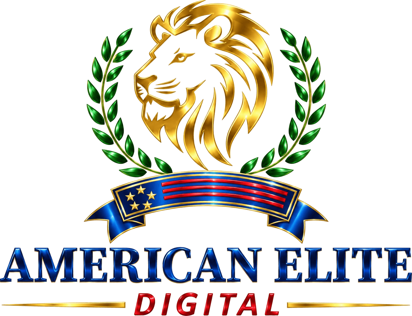 The American Elite Digital logo: a metallic gold lion within a green laurel wreath above a royal-blue ribbon with five gold stars and red stripes, over the words “American Elite” in blue and “Digital” in red.