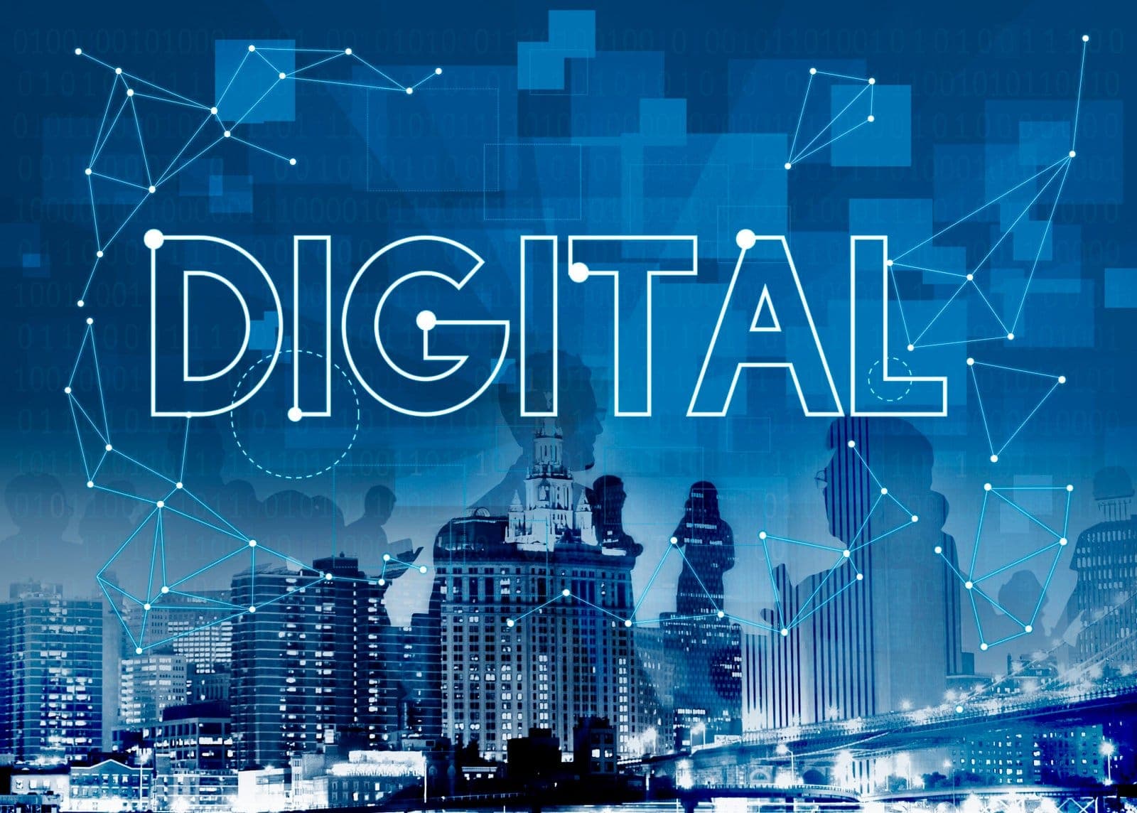The word “Digital” over a night-time city skyline overlaid with a network of connected points.